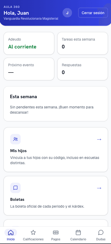 Pantalla de inicio del padre en el celular